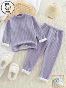 2 piezas Conjunto de pijama para niñas, parte superior de cuello alto de manga larga con forro térmico de unicolor y a rayas, y pantalón largo casual, otoño/invierno