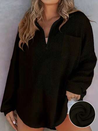 Oversize Waffel-Strick Zip-Taschen Langarm-Top, Loose Fit, beliebter europäischer & amerikanischer Herbst/Winter Stil, Große Größen