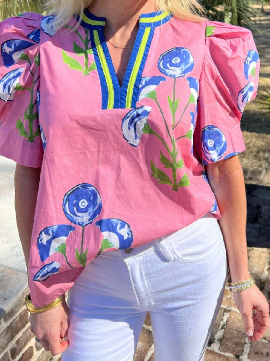 Women's Boho Floral Print Casual T-Shirt Puff Sleeve Notch V-Neck Blouse Tops For Spring Summer Streetwear Aesthetic Clothes - 粉色 - 查看 1