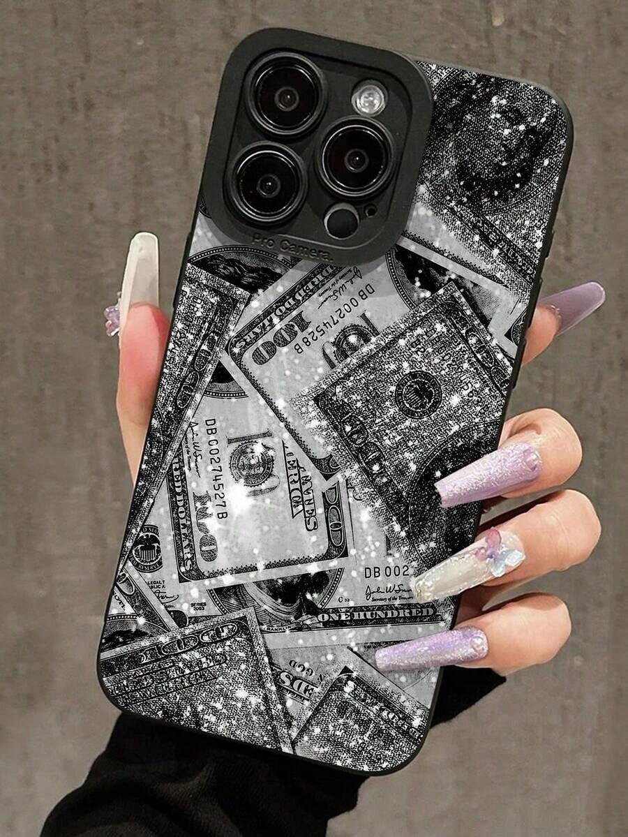 1pc Girl's Shiny Dollar Sign Cat Eye Black Full Coverage Anti-Slip Phone Case Suitable For IPhone 11/12/13/14/15/16 Pro Max - màu đen - Xem 1