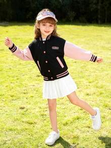 New Girls' Colorblock Jacket Coat, Young Girl' Cute Cartoon Pattern Baseball Jacket, Children's Spring/Autumn Outerwear