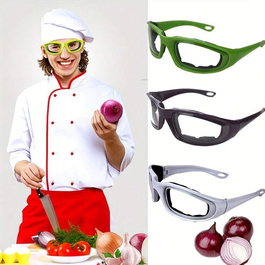 1 par de gafas para cebollas - Gafas salpicaduras de cocina y parrilla, protegen los ojos del aceite caliente y las especias, plástico duradero, negro/verde, adecuadas para cocinar, asar a la parrilla y en la preparación de alimentos, accesorio elegante y práctico