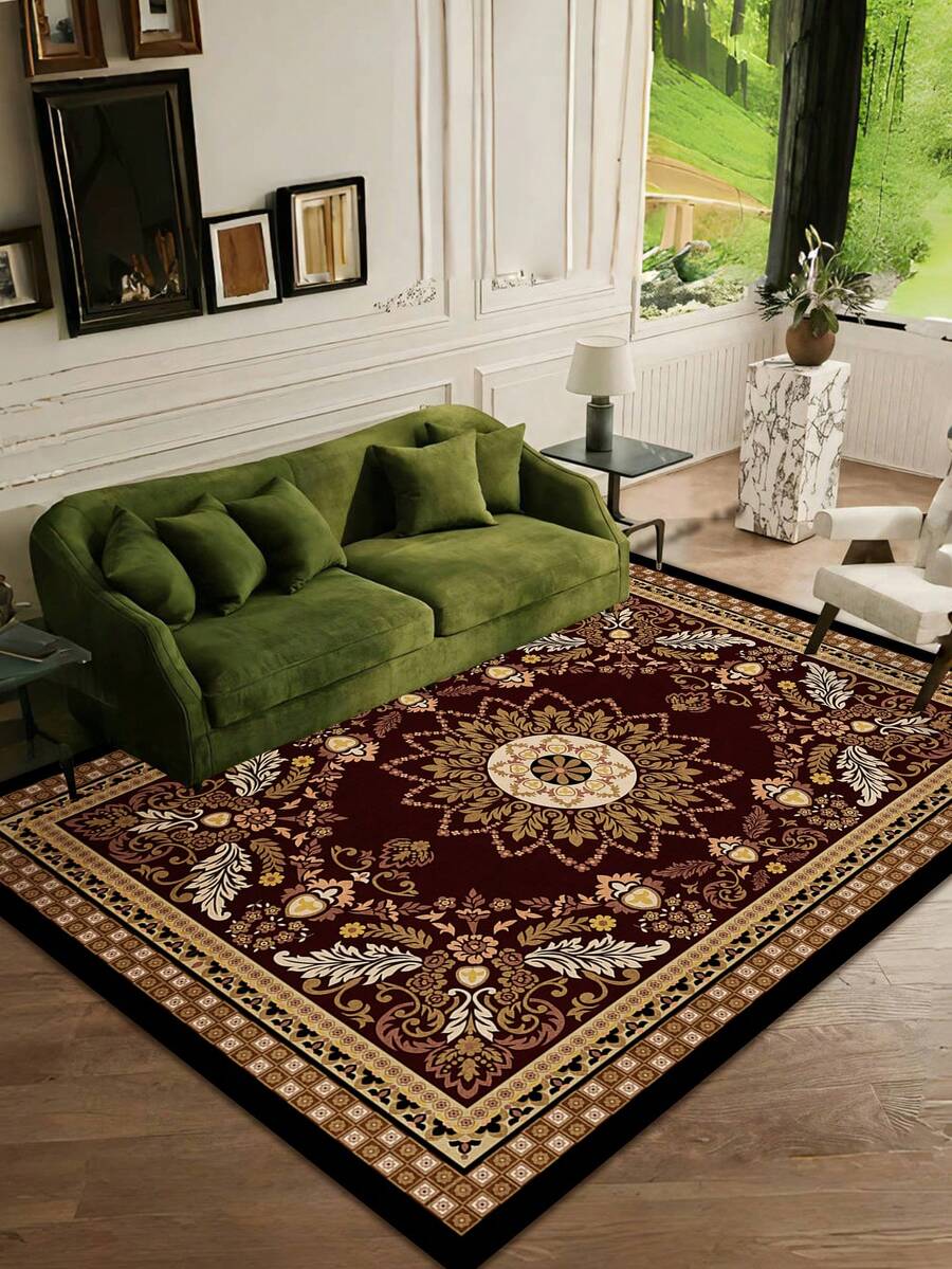 1pc Elegant Mandala Flower Pattern Large Area Mat - Soft, Dust-Proof, Machine Washable, Anti- Mat For Living Room, Bedroom, Or Dining Area, Rich Reddish-Brown With Golden Accents, Intricate Floral Design, Perfect For Banquet Or Game Room Decor, Soft Polyester Mat Christmas Decor Kitchen Rug