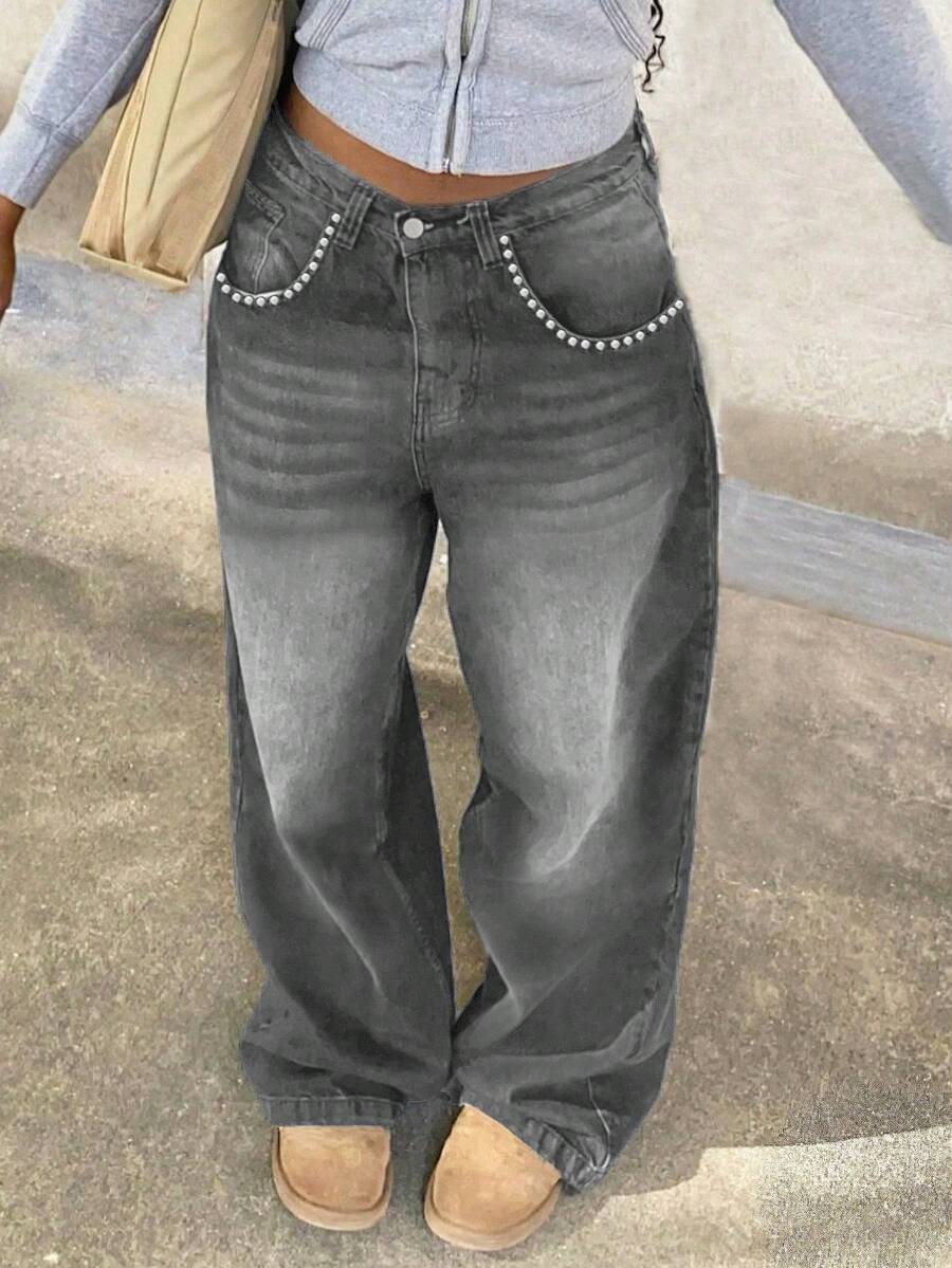 Women's Washed Long Straight Leg Jeans Non-Stretch Knitted Fabric With Button And Zipper Fly Casual Style - 淺灰色 - 查看 1
