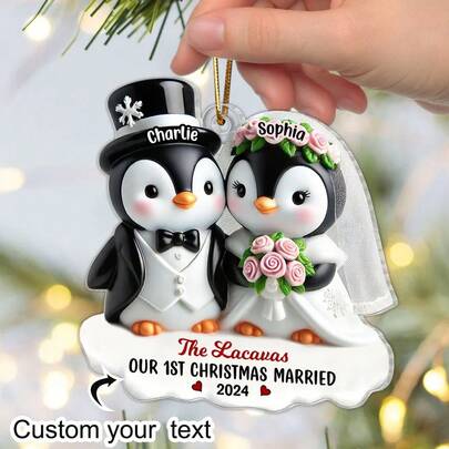 Pinguine Brautpaar Bräutigam & Braut Hochzeit erste Weihnachten zusammen personalisierte Acryl Ornament, Hochzeit Pinguine personalisierte Weihnachtsornament, verheiratetes Paar Ornament, Hochzeitsornament, Braut und Bräutigam Ornament, Gerade Verheiratet, personalisierter Paar Acryl Schlüsselanhänger, personalisierter Auto-Aufhänger, Weihnachtsdekoration, Weihnachtsornament, Weihnachtsgeschenk.