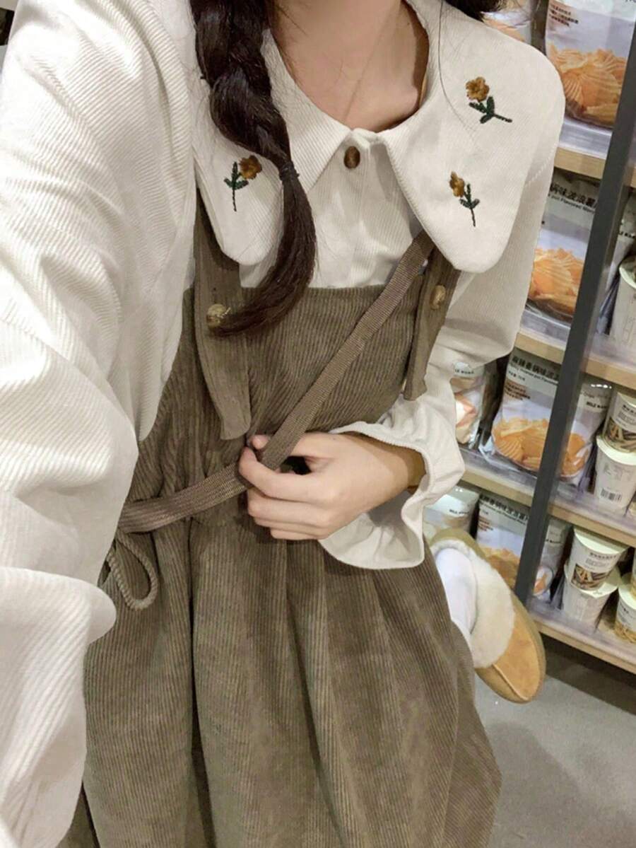 Casual Cute Sweet Peter Pan Collar Long Sleeve Embroidered Loose Button-Up Blouse (Dress Not Included) - White - View 1