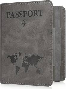 RSAquar Porta Pasaporte para Mujeres y Hombres, Cartera de Pasaporte de Viaje de Cuero PU Premium con Bloqueo RFID Funda para Pasaporte Organizador de Documentos de Viaje, Azul Oscuro Patrón - Gris Claro - Ver 9