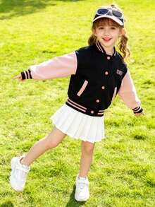 New Girls' Colorblock Jacket Coat, Young Girl' Cute Cartoon Pattern Baseball Jacket, Children's Spring/Autumn Outerwear