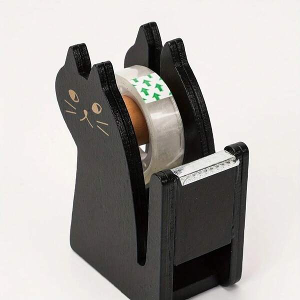 1-Piece Cute Cat Tape Dispenser - Vintage Wooden Desktop Tape Cutter With Included 1 Roll Tape - Adorable Office & Craft Room Essential For Wrapping, Scrapbooking & DIY Projects - Kawaii Workspace Decor, Gift Wrapping Assistant, Back-To-School Supply, Arts & Crafts Must-Have, Home Organization Tool