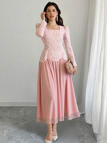 Solstice Apparel 3D提花拼接雪纺连衣裙，长袖方领收腰喇叭裙摆长款连衣裙，优雅风格，完美适用于婚礼、宴会和生日派对，春夏装扮 - 粉色 - 查看 7