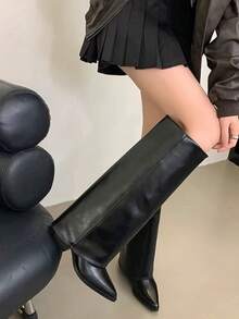 Women's Winter Over-The-Knee Boots, Pointed Toe Chunky Heel Tall Boots, Black Boots, Fold-Over Boots, Fashionable Shark Boots, Slip-On Tube Boots, Suitable For Daily Wear, Music Festivals, Parties, And Various Occasions - Black - View 3