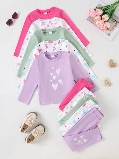 10pcs/Set Baby Casual Heart Print Long Sleeve T-Shirt And Heart Print Long Pants Outdoor Suit, Autumn/Winter
