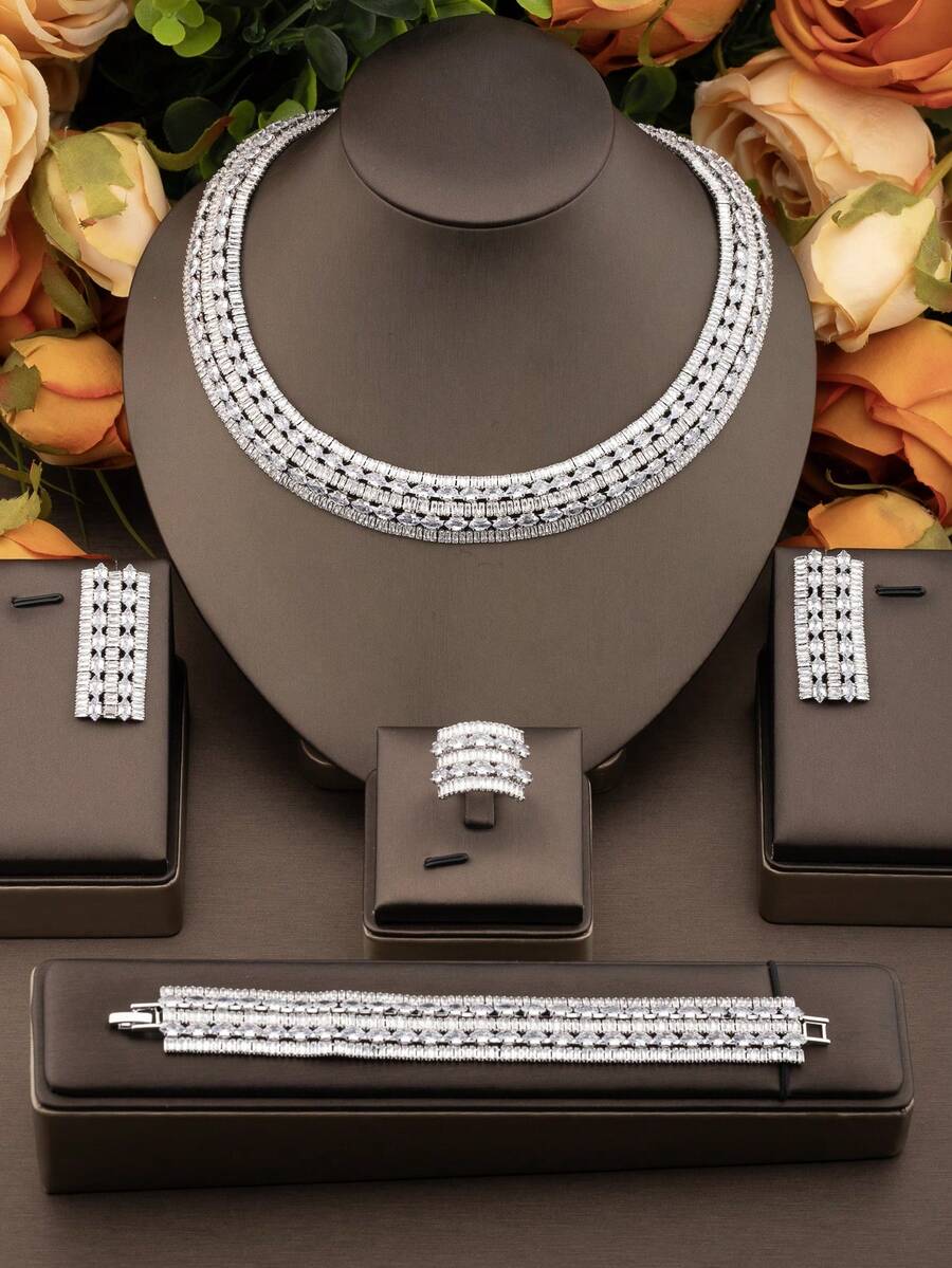 1 Set luxuriöser, eleganter Schmuckset mit mehreren Lagen aus kubischem Zirkonia, geeignet für Hochzeitspartys von Frauen, enthält 1 Paar Ohrringe, 1 Halskette, 1 Armband, 1 Ring (ohne Geschenkbox)