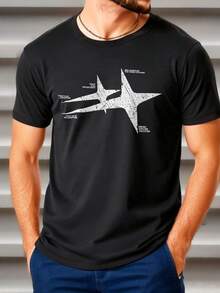 Camiseta de manga corta de cuello redondo con estampado de sueño de unicolor para hombre, uso casual de todos los días, primavera/verano - Negro - Ver 1