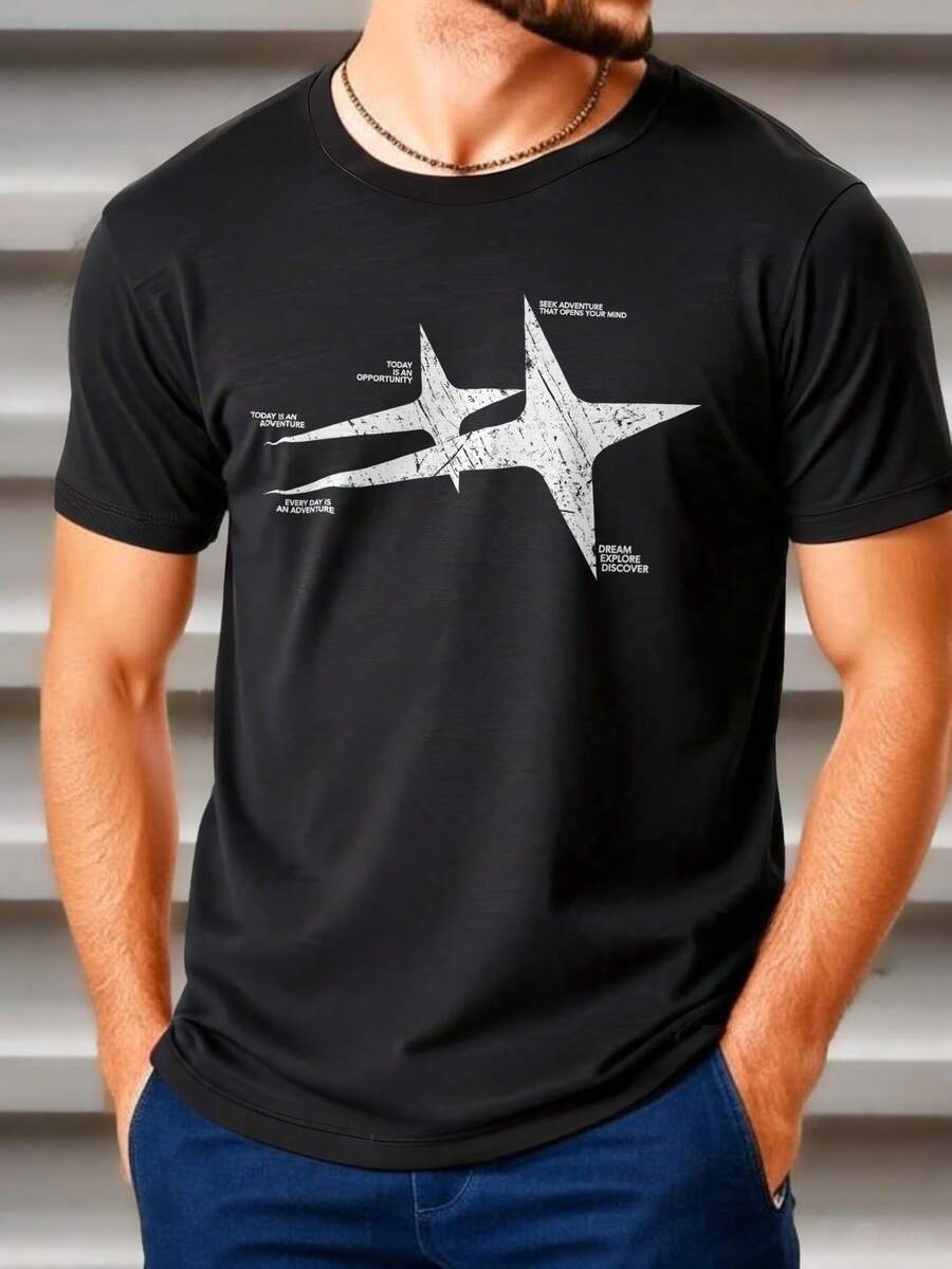 Camiseta de manga corta de cuello redondo con estampado de sueño de unicolor para hombre, uso casual de todos los días, primavera/verano - Negro - Ver 1