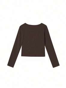 Spring Korean Style Lace Patchwork Button Slim Fit 2 In 1 Long Sleeve Base T-Shirt - Brown - View 6