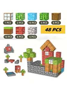 128 块磁性积木 - 森林主题立方体，配有红砖城堡、木屋顶、瀑布和树木 - 耐用的 ABS 树干感官玩具，适合 3 岁以上男孩和女孩 - 青少年圣诞生日礼物，青少年礼物创意 | 森林主题玩具 | 自然元素玩具套装，磁性玩具 - 彩色 - 查看 14