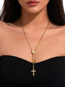 1 件时尚彩色心形和圣母玛利亚浮雕 Y 形长项链，带复古宗教十字架吊坠，适合女性日常佩戴和派对拍照 - 彩色 - 查看 7