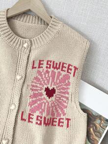 Plus Size Women's Fall And Winter Fashion Casual Bohemian Vacation Simple Commuter Contrasting Colors English Letters Love Printed Round Neck Pearl Buttons Sleeveless Cardigan Brunch Outfits For Women