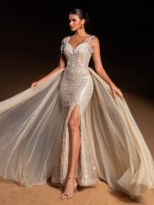 Faeriesty Luksusowa suknia wieczorowa typu syrena w stylu haute glamour z odkrytymi ramionami i koralikami, z cekinami i przezroczystymi, falbaniastymi rękawami | Koronkowe zdobienie z tyłu | Elegancki, formalny fason | Idealna na imprezy z czerwonym dywanem, wesela, gale i bale maturalne