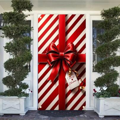 Affascinante striscione di benvenuto a righe rosse per Natale - Decorazione per porta d'ingresso in poliestere, cartello festivo natalizio per il portico con design a scatola regalo, perfetto per la decorazione stagionale della casa, per Natale