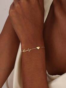 1 pièce Bracelet personnalisé en forme de cœur avec nom, en acier inoxydable, chaîne cubaine, bracelet pour femme, cadeau pour petite amie, Noël, Saint-Valentin - Multicolore - Voir 3