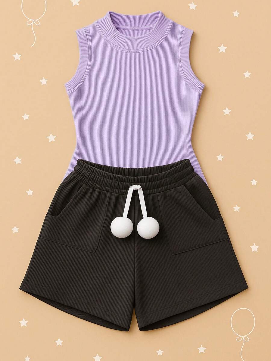 Children's And Youth Set Basic Tank Top + Ribbed Shorts With Pompom Super Stylish 2-Piece Kit For Girls And Teenagers Spring Summer CJI039 - Negro y lila - Ver 1