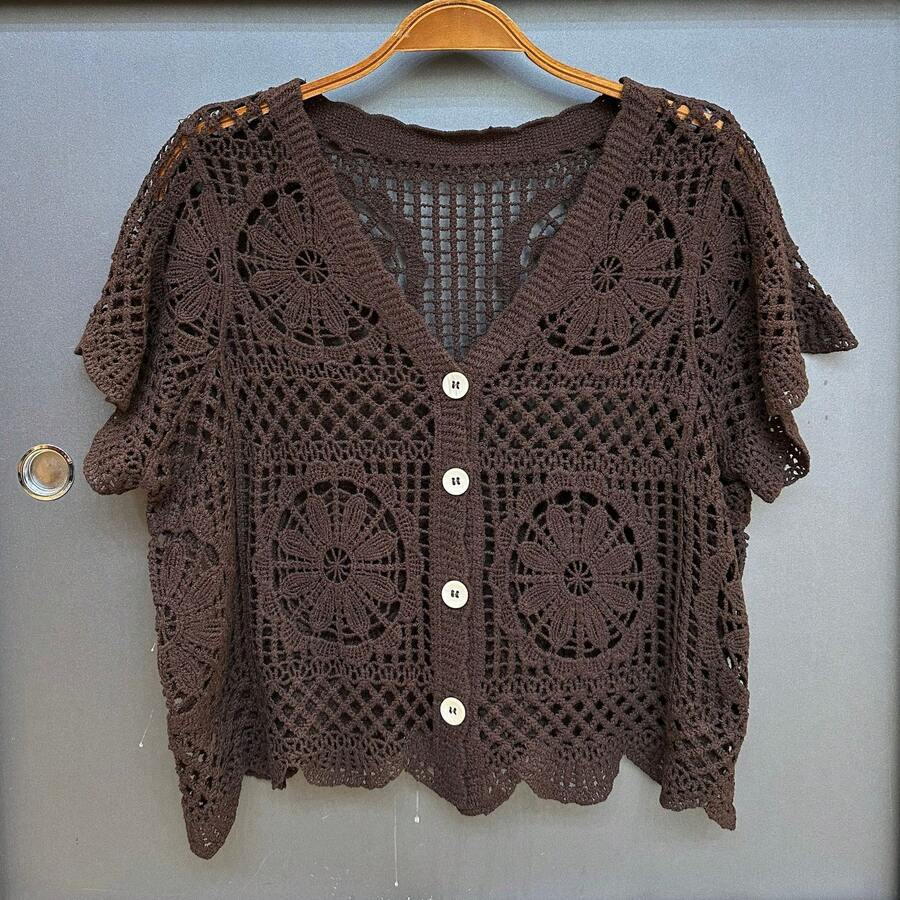 Title: Women's Crochet Blouse Short Sleeve – Imported Cotton Cardigan, Look, Summer Must-Have - Màu nâu  Mocha - Xem 1