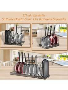 Escurridor de platos de cocina, organizador retráctil para platos, sartenes y ollas, estante organizador de tapa para gabinete, soporte multifuncional de metal con 7 compartimentos ajustables - Negro - Ver 5