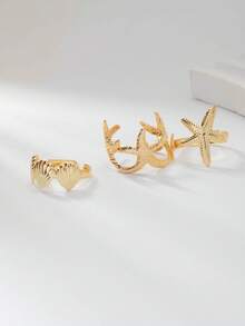 3pcs/Set Ocean Life Series Ring Set, Beach Style Starfish & Shell Design Gold Tone Rings For Women