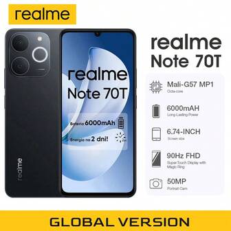 Realme Note 70T AI Power Octa-Core Unisoc T7250 Processor Smartphone, 6.72" FHD+ 90Hz AMOLED Display, 50MP AI Dual Camera, 6000mAh Long-Lasting Battery, 18W Fast Charge, IP54 Life Water Resistant, Android 14 - 4+128GB/6+128GB/8+256GB,Global Version