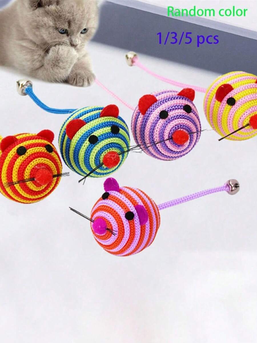 Random Color Nylon Mouse Cat Toy With Bell, Battery-Free Interactive Bell Ball Toy For Interaction, Entertainment, Stress Relief, Ideal Cat Playing Toy - Multicolor - View 1