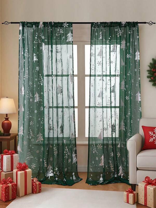 1pc Your Holiday Glow-Up Starts Here Christmas Theme Green & Silver Snowflake Christmas Tree Print Sheer Curtain, Suitable For Living Room & Bedroom