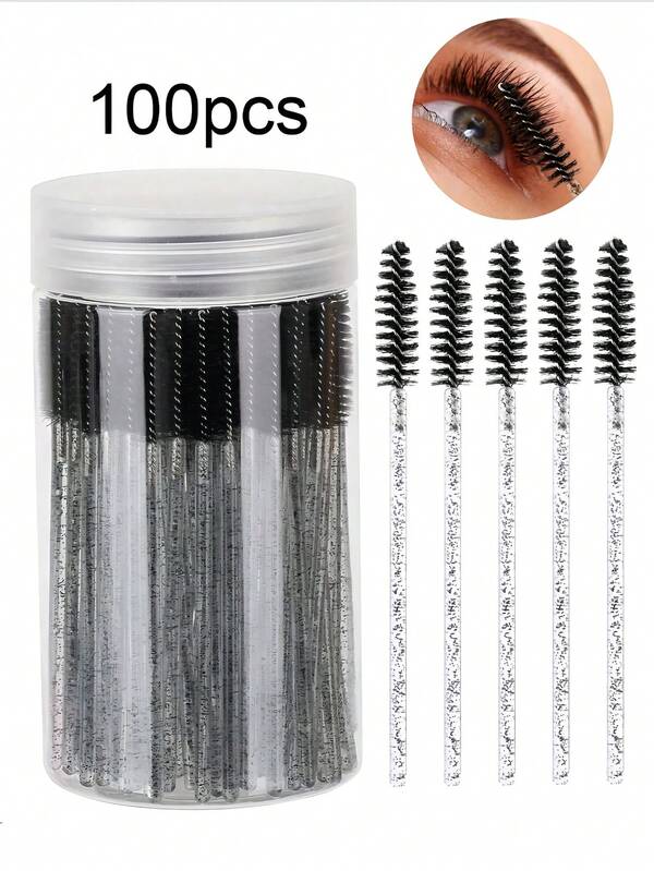 100pcs Mascara Brushes With Containers, Mascara Sticks, Flexible Disposable Mascara And Eyebrow Brushes, Eyelash Spoolers, For Combing Eyelashes And Eyebrows, Makeup Aids.