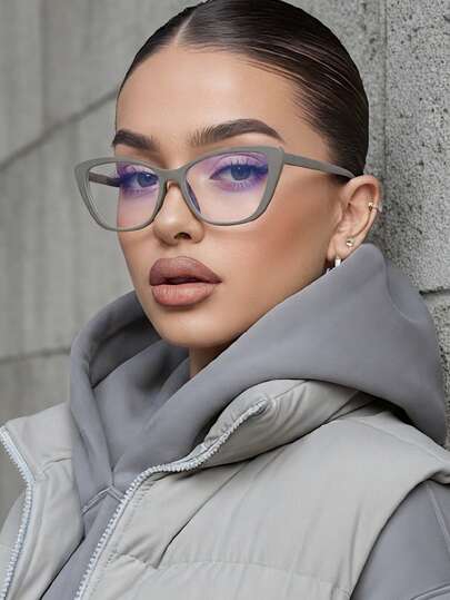 زوج نظارات نسائية بإطار شكل عين القطة بإطار رمادي شفاف، نظارات شخصية أنيقة، إكسسوارات النظارات النسائية