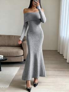 Vestido de suéter ajustado con hombros descubiertos y dobladillo de cola de sirena, unicolor, para otoño/invierno