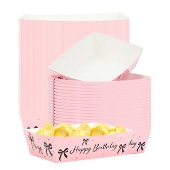 10 piezas/20 piezas/50 piezas Bandejas de comida con lazo rosa, portavasos de palomitas, dulces, barcos de comida rosa y negro, bandejas de nachos, vajilla de papel con tema de lazo para fiestas de princesa, despedida de soltera, baby shower, boda y cumpleaños