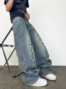 1 pezzo Jeans uomo a gamba larga stile retrò con ricamo di un marchio americano, pantaloni casual con vestibilità ampia e lunga (cintura e accessori non inclusi)