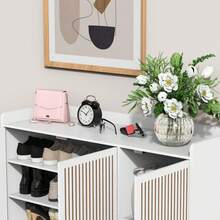 Multi-Functional Shoe Cabinet With Adjustable Shelves, Stool, Retractable Toe-Kick Drawer, Minimalist Shoe Storage Organizer With Sturdy Top Surface For Various Sizes Of Items, White