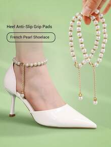 Elegant Pearl Chain Anti-Slip Shoelaces, Exquisite French Single Strap High Heel Shoes Buckle, Non-Slip Heel Chain (Shoes Not Included) - White - View 2