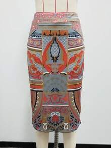 复古全身印花轻盈优雅休闲度假时尚修身女式半身裙，适合春夏季、办公室、旅行、居家 - 混合色 - 查看 1