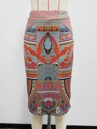 复古全身印花轻盈优雅休闲度假时尚修身女式半身裙，适合春夏季、办公室、旅行、居家