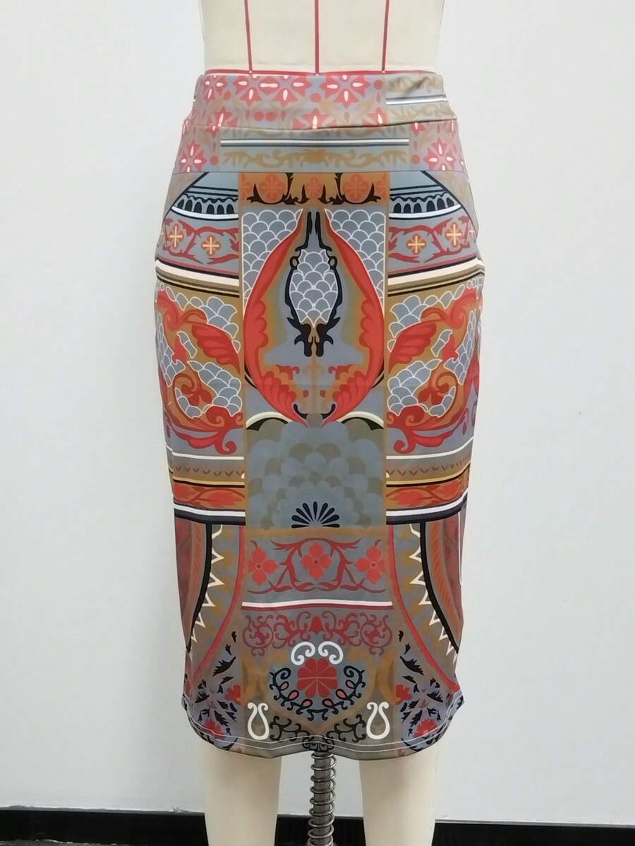 复古全身印花轻盈优雅休闲度假时尚修身女式半身裙，适合春夏季、办公室、旅行、居家 - 混合色 - 查看 1