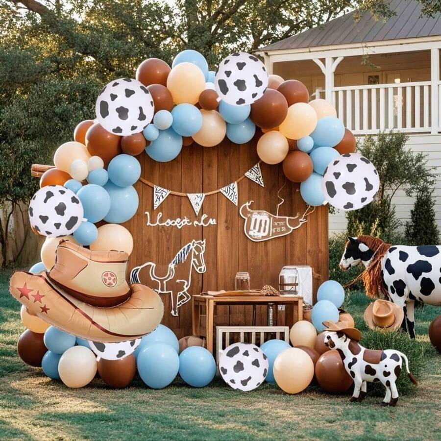 110 piezas Conjunto de arco de globos con temática de vaquero occidental, que incluye globos de látex de color azul, marrón, beige y con estampado de vaca, adecuado para decoración de fiestas con tema de granja o vaquero, fiestas de cumpleaños, Acción de Gracias y otras decoraciones - Multicolor - Ver 1