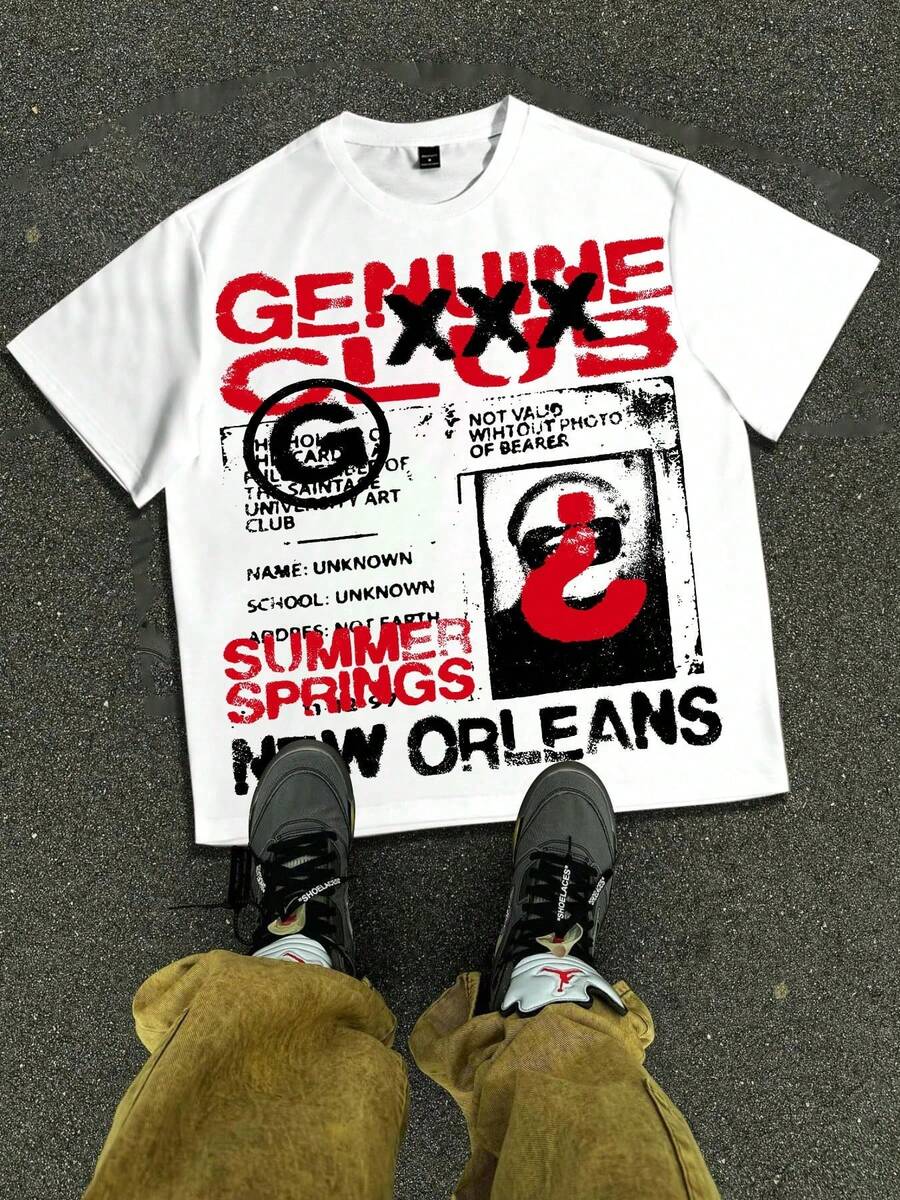 1 PCS Streetwear "Genuine Club New Orleans" Graphic Tee: Featuring Distressed Vintage Finish, Bold Red & Black Letter Print With "GENUINE CLUB", "SUMMER SPRINGS", "NEW ORLEANS", Portrait - Style Illustration, ID - Card Inspired Design, Perfect For Infusing Edgy, Nostalgic Vibes Into Outfits During Fourth Of July Celebrations, Summer Gatherings, Or Daily Streetwear Looks, Spring/Summer/Fall Men Clothes, Regular Fit Shirt, Christmas & Halloween & Thanksgiving Day & Valentine's Day & Pride & Father's Day & Easter & Mother's Day & New Year & Spring Festival, Men's Round Neck Printed Short Sleeve Casual Everyday T-Shirt, They Are Excellent Gifts For Friends And Family, 100% Cotton T-Shirts Feature, A Youthful And Fashionable Design, Graphic Tees Men, Graphic Tees Women, Cachorro Feliz, Back To School - 白色 - 查看 1