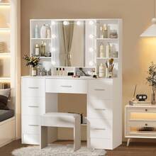 100cm Modern White Vanity Set With LED Mirror & Stool, 7-Drawer Storage + Tiered Shelves - Large Dressing Table With LED Adjustable Brightness - Girls Bedroom Furniture With Stool Included, Space-Saving Design, Easy Assembly Required - Ideal For Teen Girls & Women - Modern Makeup Dressing Table Set, Vanity Makeup