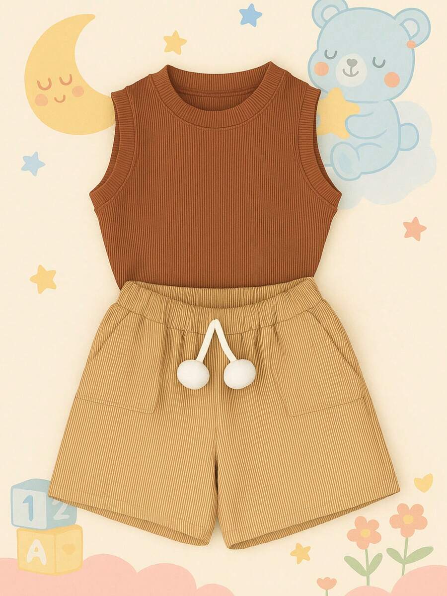 Children's And Youth Set Basic Tank Top + Ribbed Shorts With Pompom Super Stylish 2-Piece Kit For Girls And Teenagers Spring Summer CJI039 - Desnudo y marrón - Ver 1