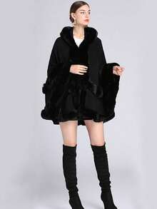 1pc Solid Color Double Layer Faux Fur Hooded Shawl