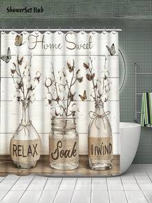 Set de perdele de duș retro cu fluture și sticlă, 1/3/4 buc, accesorii impermeabile și rezistente la uzură, cu 12 cârlige - include husă pentru scaun de toaletă, covorașe de baie și covoare - țesătură din poliester antiderapantă - lavabilă - perfectă pentru decor de sărbători, decor pentru casă/dormitor/casă/vest, decor de Crăciun