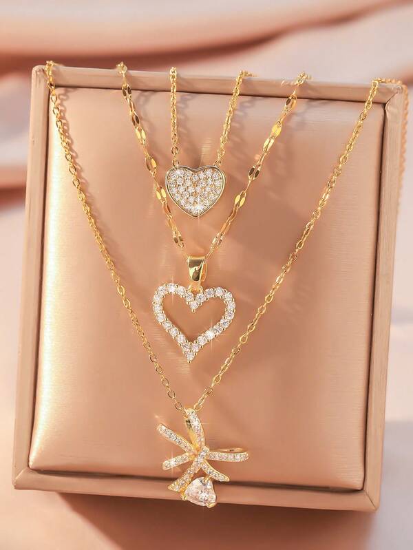 3 Stücke/Set! Funkelndes Luxus-Halsketten-Set mit Multi-Elementen (Herz/Schleife/Bär usw.), schimmernde Choker & Schlüsselbein-Ketten für den täglichen Gebrauch, Partys, Geschenke, Urlaub